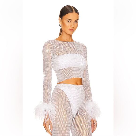 Santa Brands Feather trim Crystal Top Mesh white sheer party resort Revolve NWT - Picture 3 of 14